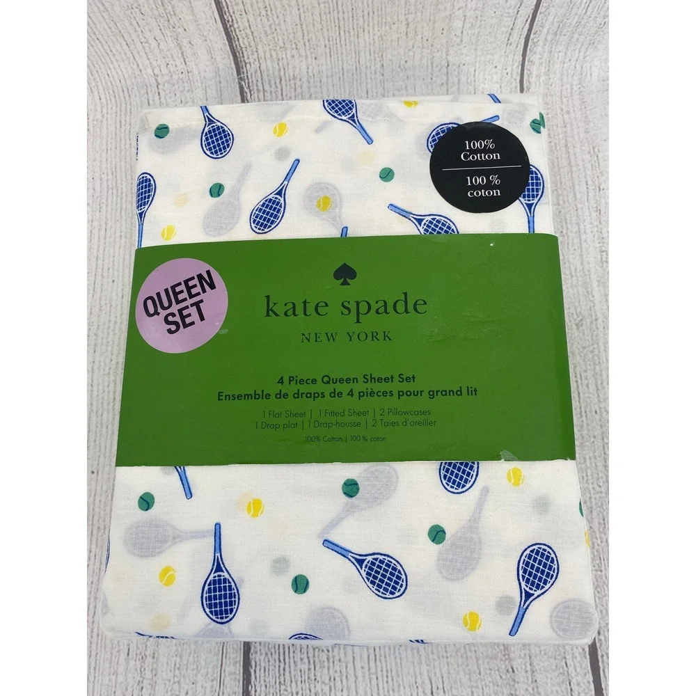 Kate Spade Sheet Set Queen White Tennis Pickleball 100% Cotton Racquet Preppy